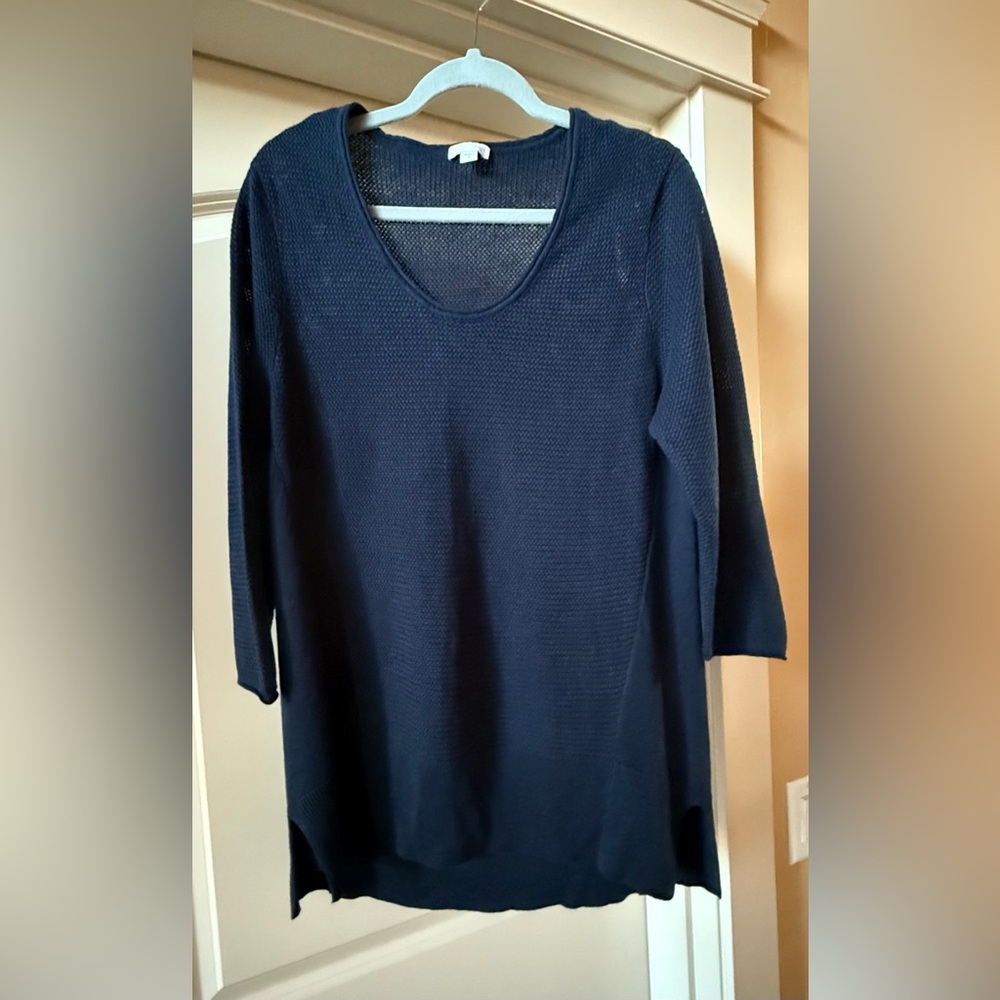 J.Jill Navy Blue Knit Pullover Sweater Sz M 59% Linen Minimalist Lagenlook
